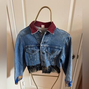 Bella Dahl Distressed Levi Denim Jacket with Burgundy Collar